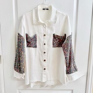 White Button-Down Shirt with Multicolor Sequin Panels